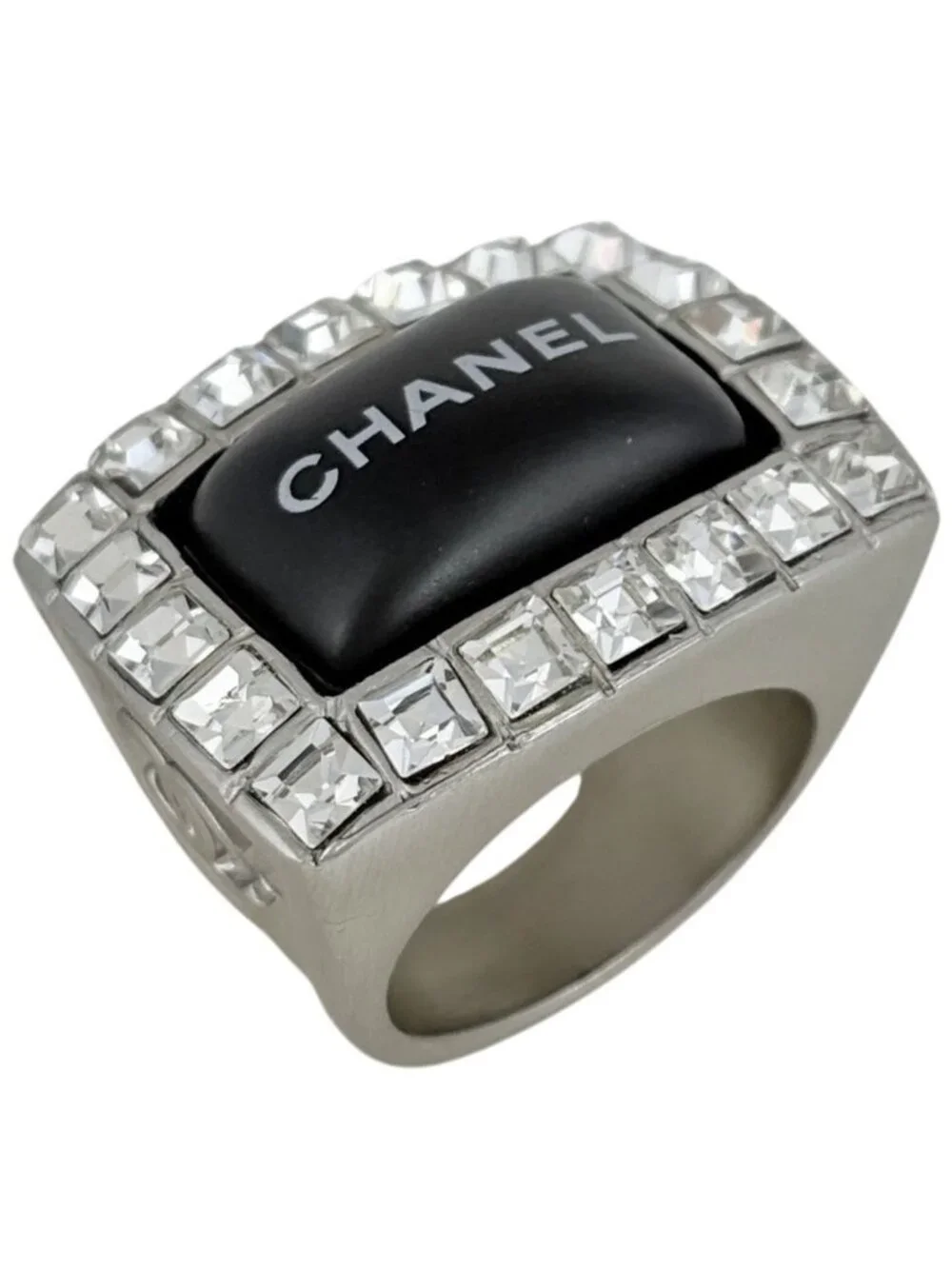 Chanel Logo Rhinestone Ring CC Metal Silver Black